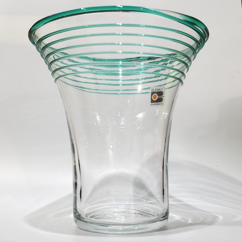 Vtg Blenko Handmade 8994 Clear Glass Antique Green Swirl Coil Vase by Hank Adams